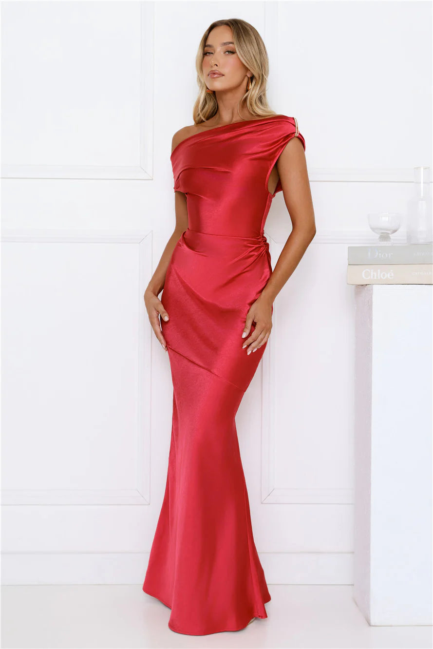She's A Dream Satin Off Shoulder Maxi Dress Red